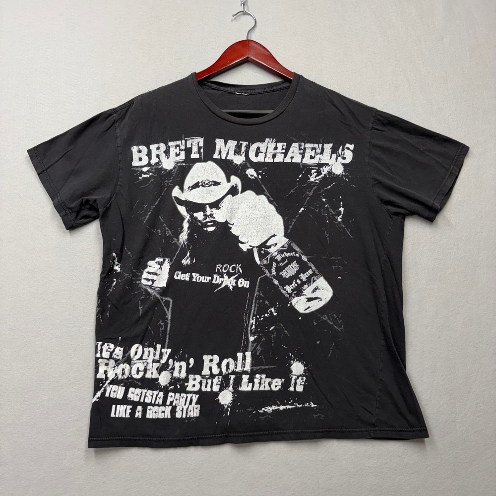 Bret Michaels T-Shirt Mens XL Black Rock N Roll Graphic Tee Y2K Distressed